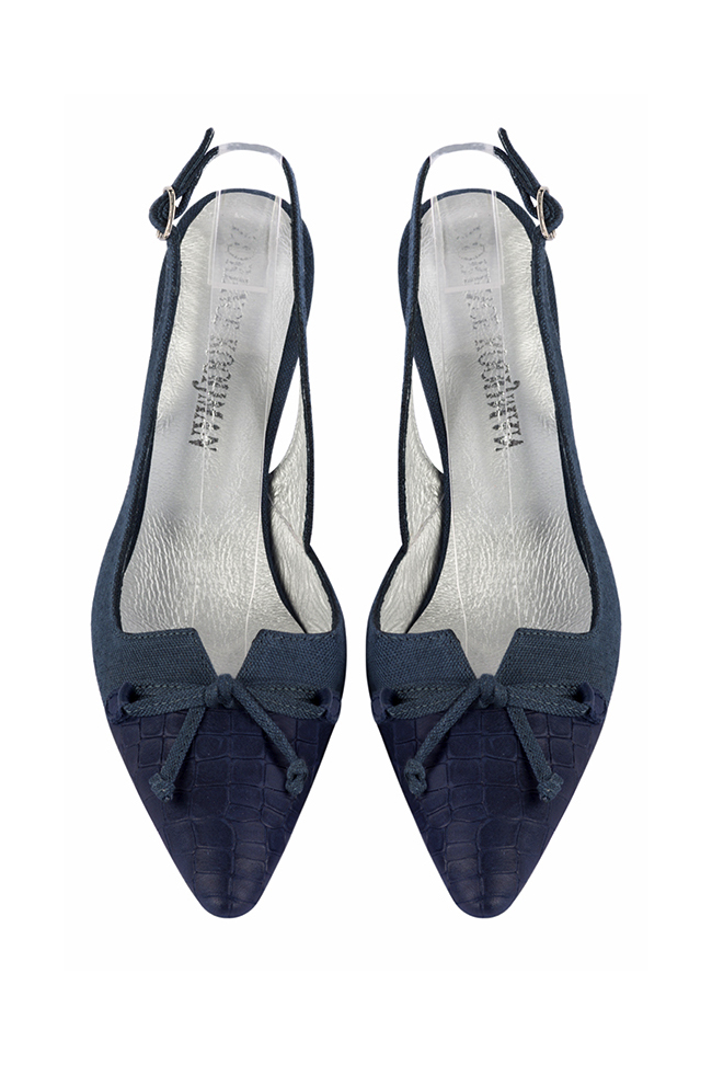 Navy blue women's open back shoes, with a knot. Tapered toe. High slim heel. Top view - Florence KOOIJMAN
